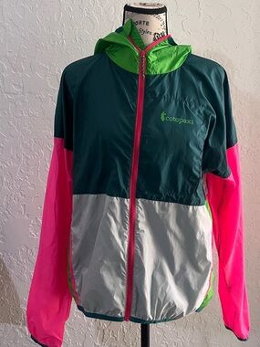 cotopaxi Neon Colorblock Hooded Windbreaker - Dark Green, Pink, Lime, Silver
